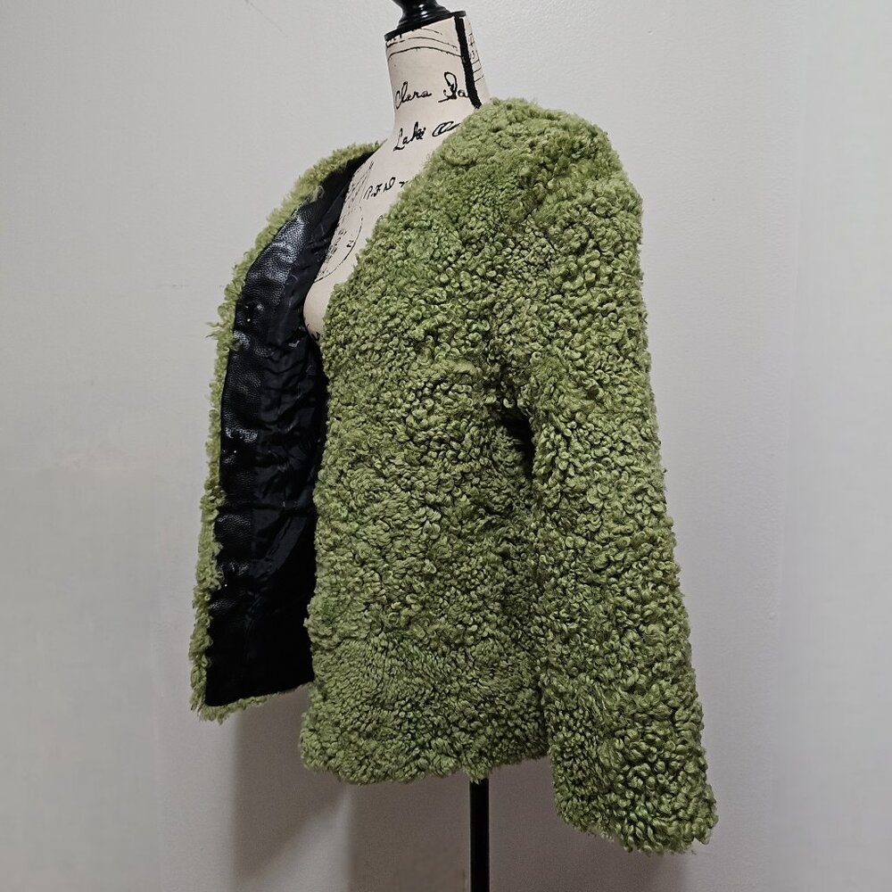 NewReal Curly Merino Fur Lambswool Sheepskin Jacket Coat Blazer Moss Pine Green - Picture 3 of 5
